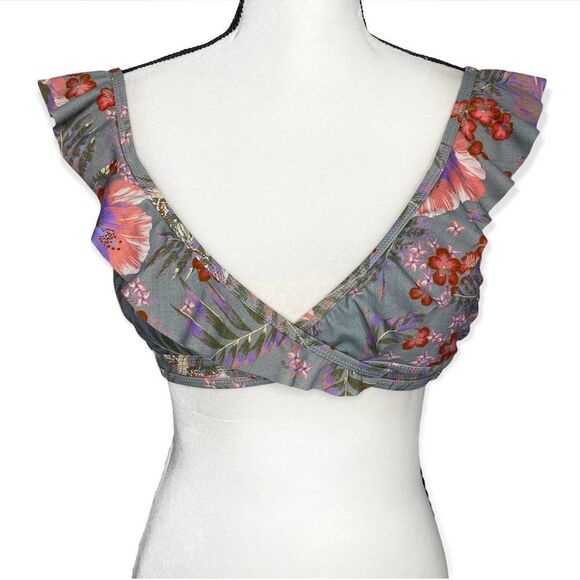 No Boundaries Green River Ruffle Floral Bikini Top Junior's Medium Gray Swim - Picture 1 of 11